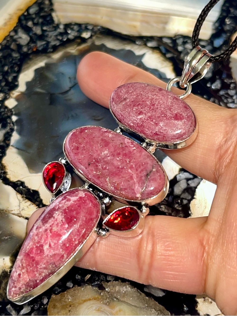 Jumbo Inca Rose Rhodonite Crystal Pendant 3 1/4”